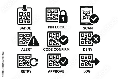 Qr code icons for security and access: badge, lock, phone, alert, confirm, retry, approve, deny, log