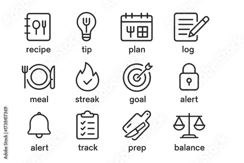 Set of simple black outline icons for recipe and meal planning