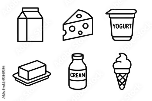 Outline icons of dairy products including milk, cheese, yogurt, butter, cream, ice cream