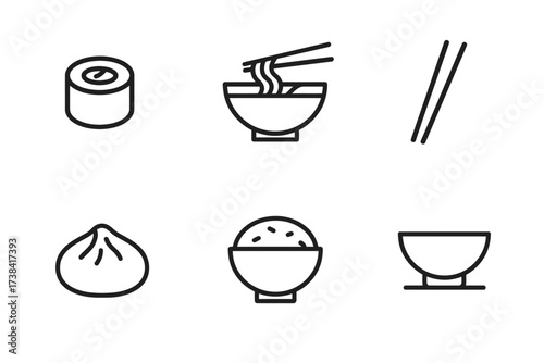 Minimalist asian cuisine icon set featuring sushi, noodles, dumpling, and rice bowl