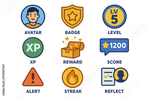 Gaming icons collection: avatar, badge, level, xp, reward, score, alert, streak, reflect