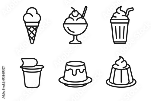 Minimalist dessert icons: ice cream, sundae, milkshake, yogurt pot, pudding, jelly