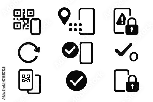 Set of security and data symbols featuring qr codes and lock icons