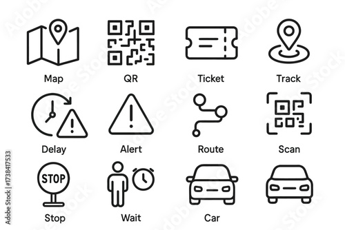 Transportation and navigation icon set with maps, tickets, and alerts