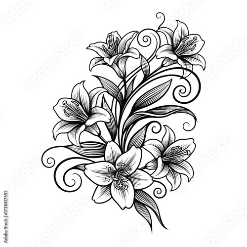 Vector art of elegant black and white floral illustration with swirls and leaves