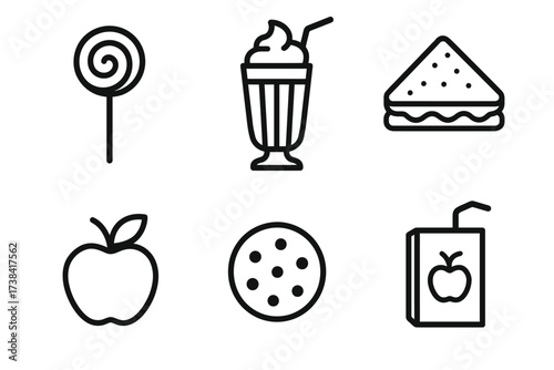 Outline icons of lollipop, milkshake, sandwich, apple, cookie, and juice box