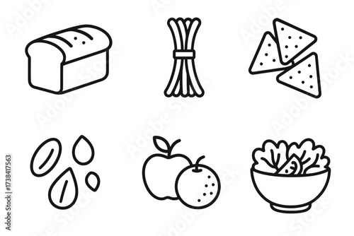 Outline icons of bread, pasta, nachos, seeds, fruits, and salad bowl