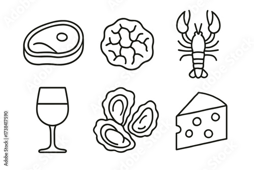Outline icons: steak, cookie, lobster, wine, oysters, cheese set