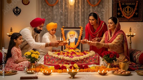 Sikh Family Celebrating Guru Nanak Jayanti with Deepmala Lighting Ceremony and Traditional Offerings in a Warm and Reverent Setting