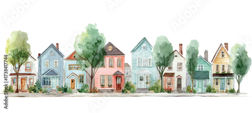 Watercolor row of colorful houses in a quaint neighborhood evoking a sense of community and belonging with inviting charm