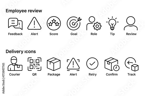 Icon set: employee review and delivery icons featuring symbols for feedback, goals, and alerts