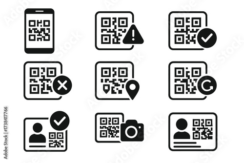 Qr code icons on phone screen and id cards with checkmarks and alerts