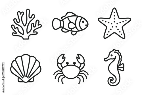 Outline icons of coral, fish, starfish, shell, crab, and seahorse in marine theme