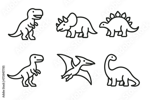 Outline illustrations of six prehistoric dinosaurs in simple black and white