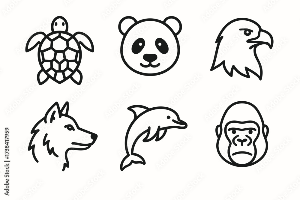 Obraz premium Animal icons: turtle, panda, eagle, wolf, dolphin, gorilla in line art style