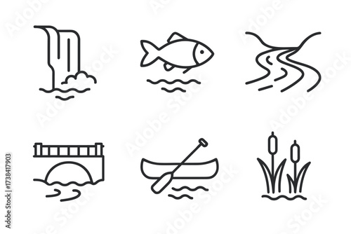 Outdoor adventure icons: waterfall, fish, river, dam, canoe, wetlands
