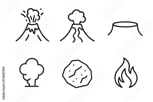 Volcano eruption icons: crater, smoke, lava, fire symbols