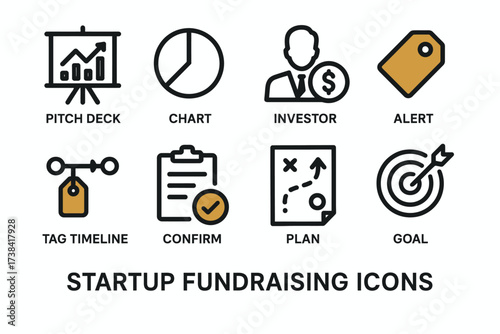 Startup fundraising icons: pitch deck, investor, plan, goal, timeline, chart, alert, confirm
