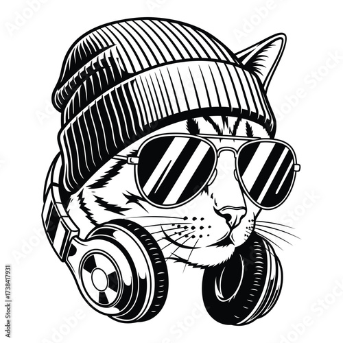 Vector art of cool cat wearing sunglasses and headphones with a beanie