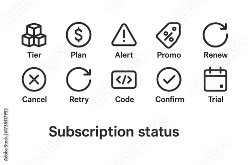 Subscription status icons: tier, plan, alert, promo, renew, cancel, retry, code, confirm, trial