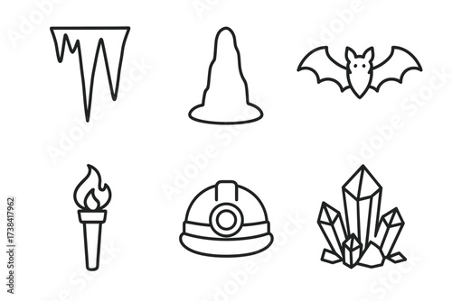 Cave exploration icons: stalactite, stalagmite, bat, torch, helmet, crystals