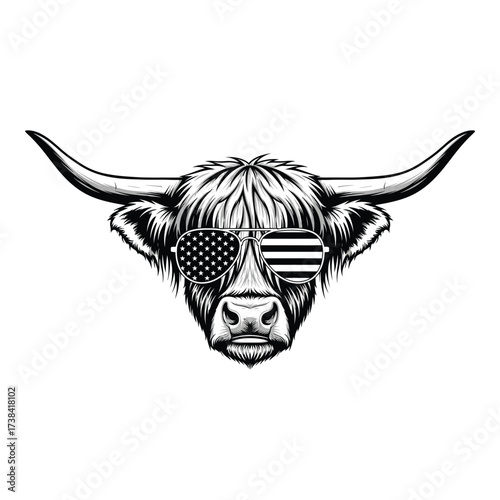 Illustration of bull with american flag sunglasses