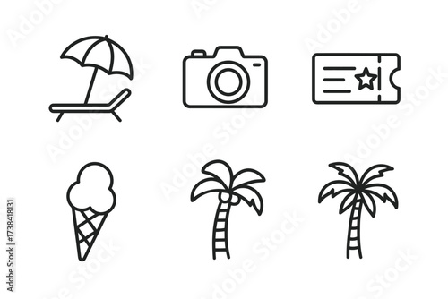 Minimalist travel icons: beach, camera, ticket, ice cream, palm trees