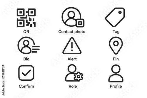 Minimalist icon set for qr, contact, bio, alert, pin, confirm, role, profile