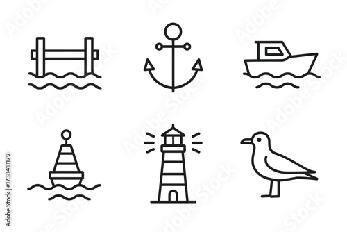 Nautical icons collection featuring anchor, boat, buoy, lighthouse, and seagull