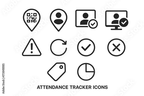 Attendance tracker icons: qr code, location, profile, alert, checkmark, cross