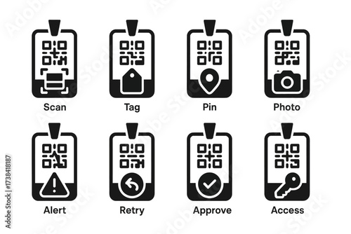 Qr code icons for scan, tag, pin, photo, alert, retry, approve, access