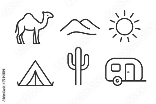 Desert adventure icons: camel, mountains, sun, tent, cactus, caravan