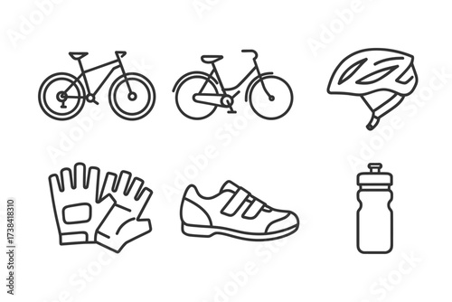 Bicycle equipment icons: bike, helmet, gloves, shoes, bottle
