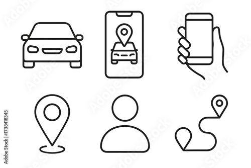 Car ride-sharing app icons with smartphone and gps symbols