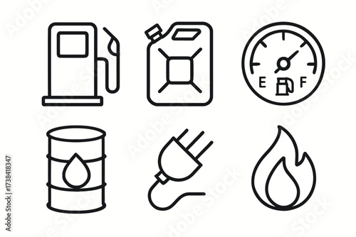 Icons of fuel pump, gas can, gauge, oil barrel, plug, and flame