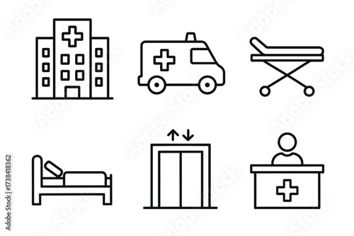 Hospital icons: building, ambulance, stretcher, bed, elevator, reception