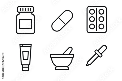 Healthcare icons: medicine jar, pill, blister pack, tube, mortar, dropper line art