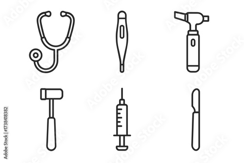Outline icons of stethoscope, thermometer, otoscope, reflex hammer, syringe, scalpel