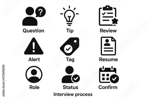 Interview process icons: question, tip, review, alert, tag, resume, role, status, confirm
