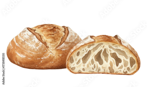 Watercolor Illustration of Artisan Rustic Bread Loaf with Cross Section