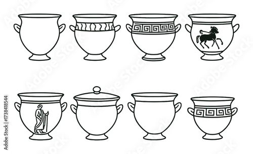 Antique greek pottery: set of eight intricately designed vases and urns