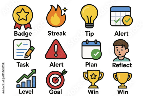 Colorful achievement and goal icons including badge, streak, alert, and reflect