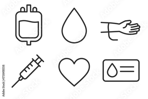 Healthcare icons: blood bag, drop, arm, syringe, heart, donor card symbols