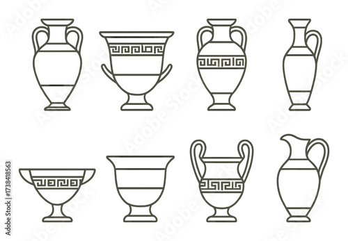 Outline illustration of eight ancient greek vases with distinct geometric patterns