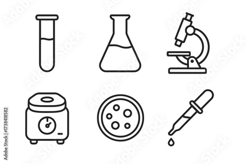 Laboratory equipment icons: test tube, beaker, microscope, centrifuge, petri dish, pipette
