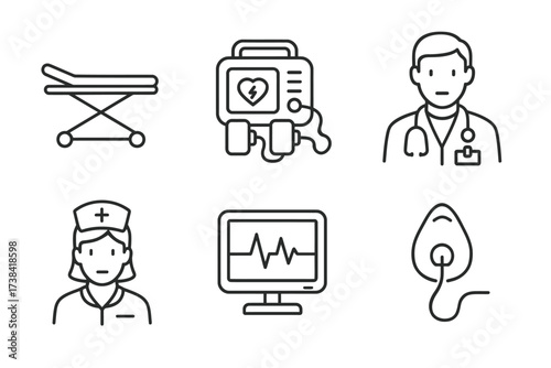 Medical icons set: doctor, nurse, defibrillator, ekg monitor, stretcher, oxygen mask