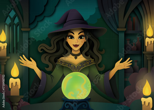 Paper-cut style illustration: a beautiful witch in a castle at night gazes into a glowing crystal ball, surrounded by lit candles and a mystical, gothic atmosphere.