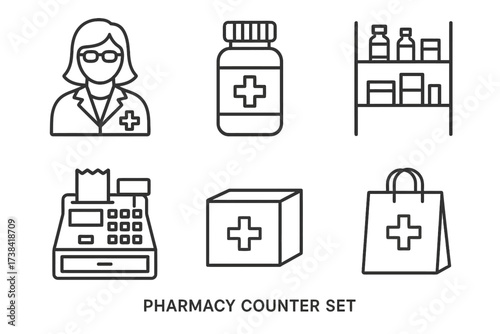 Pharmacy counter icons: medicine, cash register, shopping bag, shelves, female pharmacist
