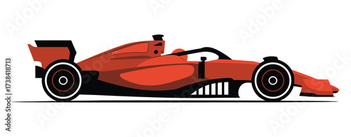 High speed red formula one race car with blurred rear wheel motion effect