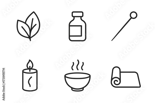 Icons of holistic wellness: herbal leaves, medicine bottle, acupuncture, candle, aromatic bowl, yoga mat